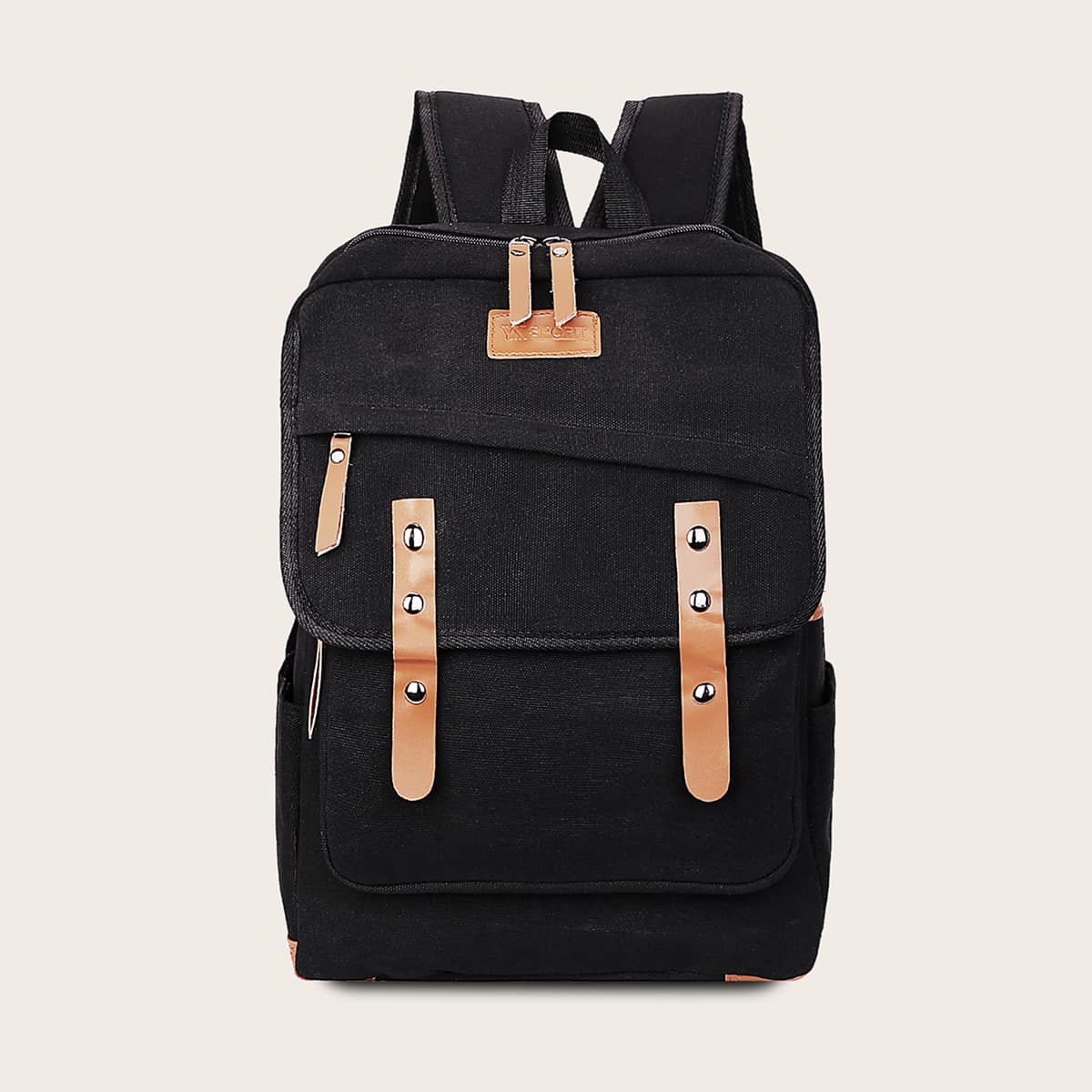 

Studded Decor PU Panel Backpack, Black