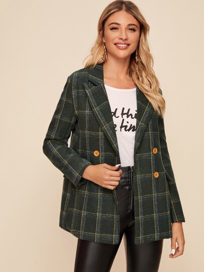 Plaid Lapel Neck Double Button Blazer