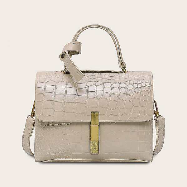 

Croc Embossed Flap Satchel Bag, Beige