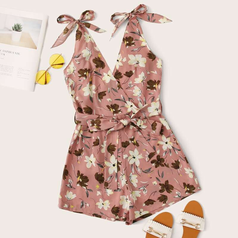 

Floral Knotted Shoulder Belted Romper, Multicolor