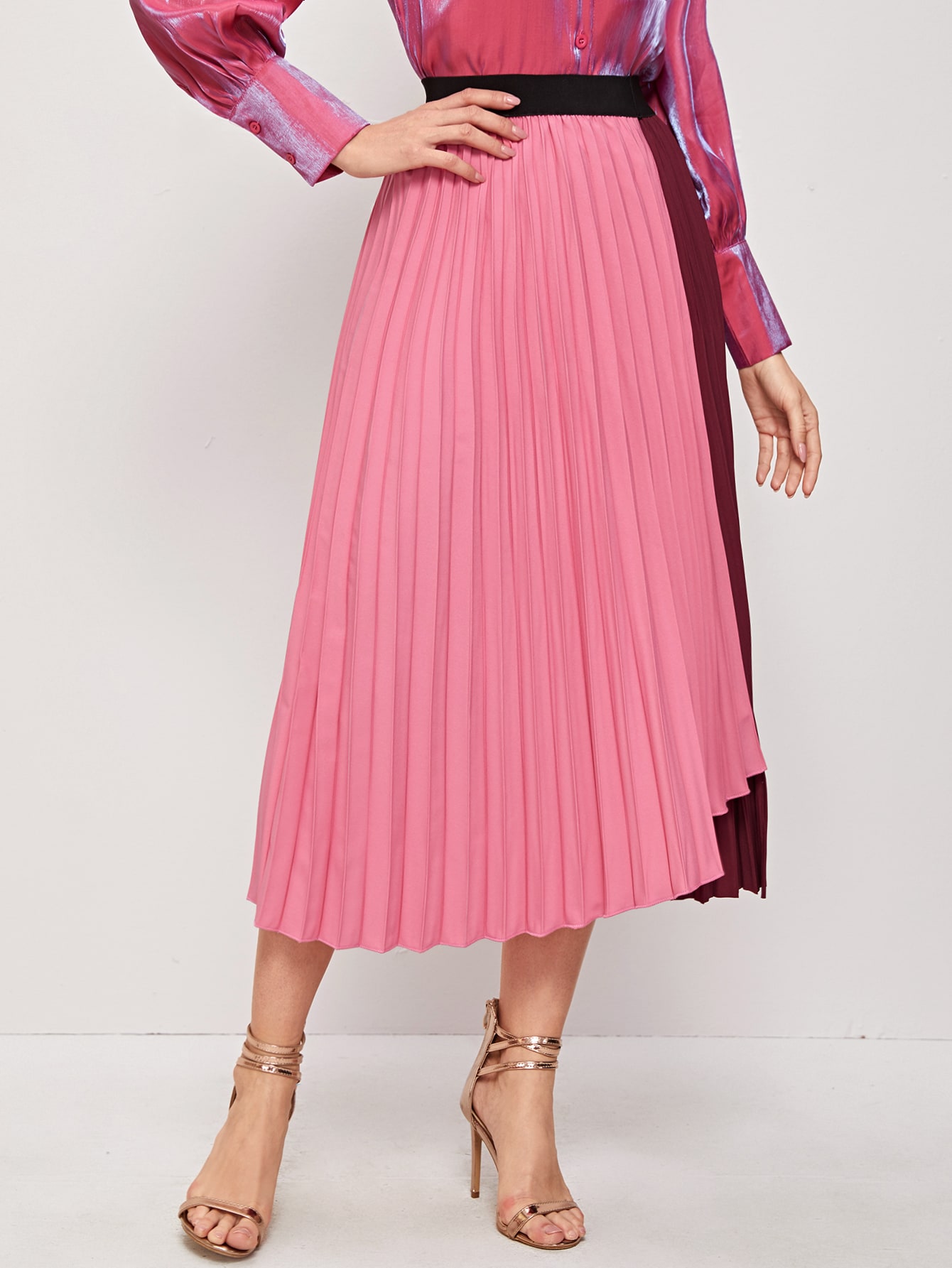 Two Tone Asymmetrical Hem Pleated Skirt SHEIN USA