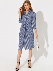 Twist Front Split Detail Plaid Dress - Blue - View 1