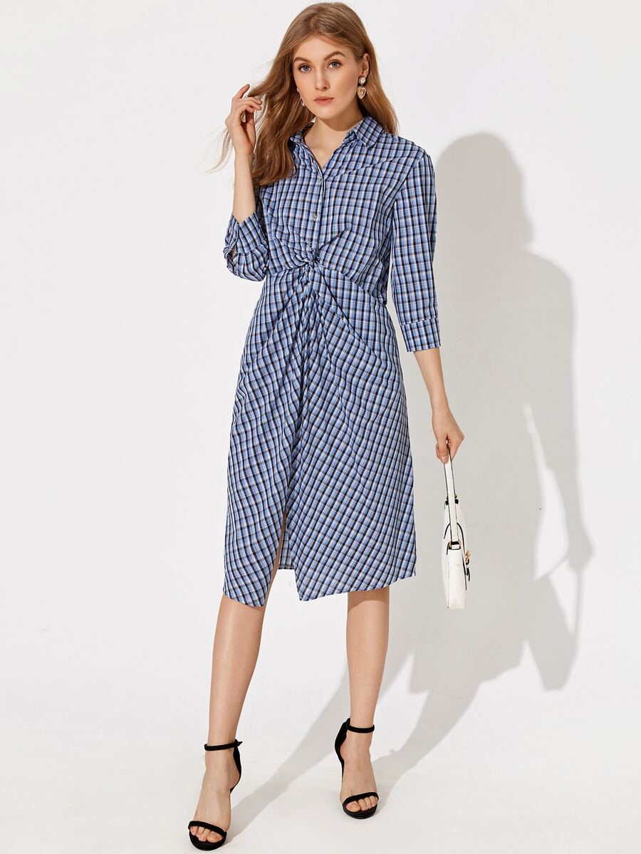 Twist Front Split Detail Plaid Dress - Blue - View 1