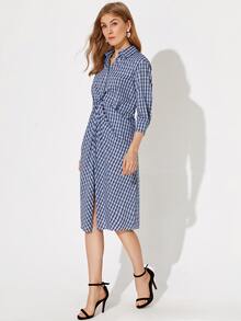 Twist Front Split Detail Plaid Dress - Blue - View 3
