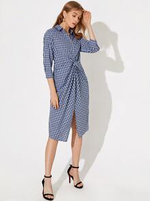 Twist Front Split Detail Plaid Dress - Blue - View 4