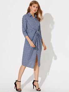 Twist Front Split Detail Plaid Dress - Blue - View 5