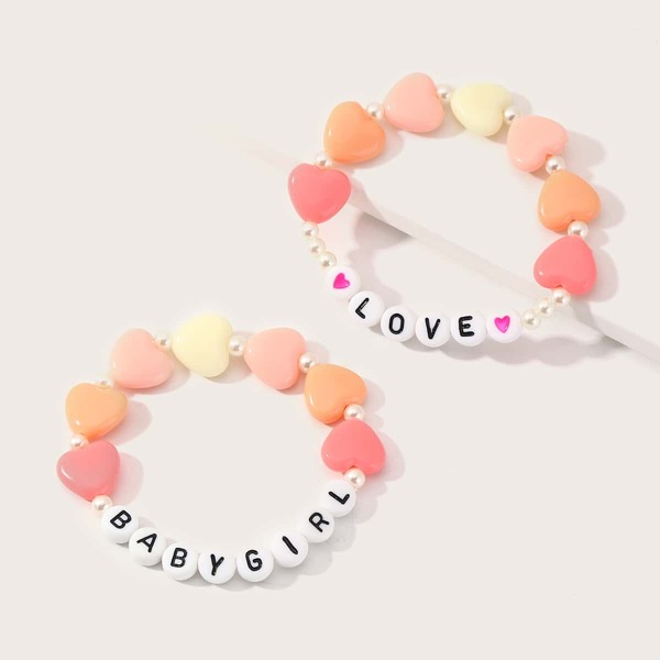 

2pcs Toddler Girls Heart & Letter Beaded Bracelet, Multicolor