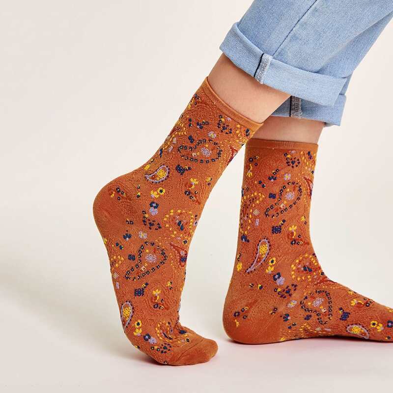 

1pair Paisley Pattern Socks, Multicolor
