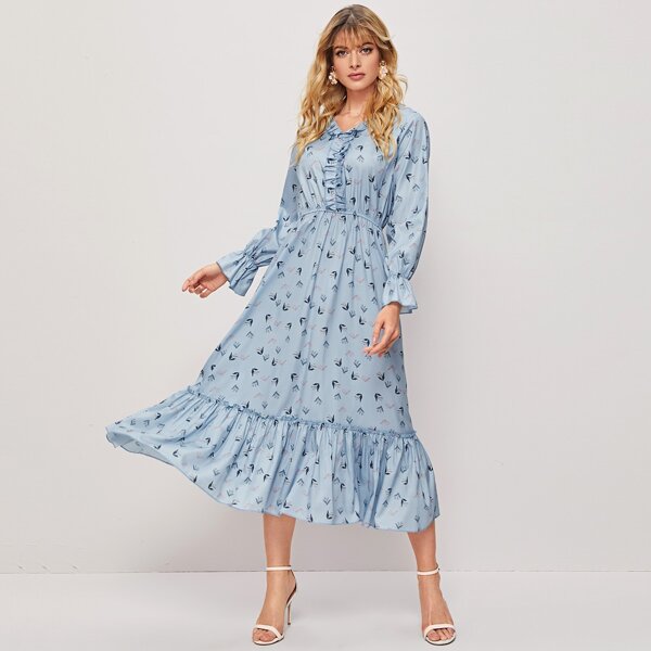 

Graphic Pattern Ruffle Trim Dress, Blue