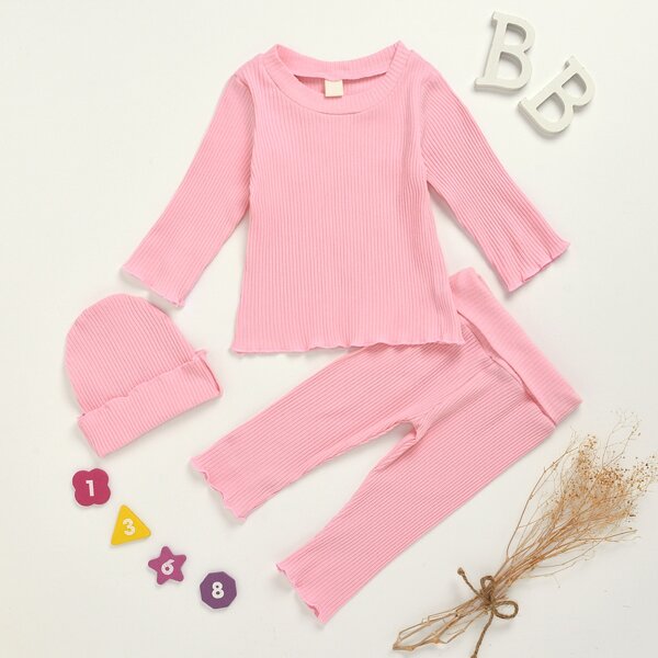 

Toddler Girls Lettuce Trim Rib-knit Tee & Pants & Hat, Pink