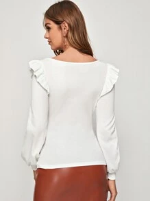 SHEIN 方形領荷葉邊素色t恤 - 白色 - 查看 2