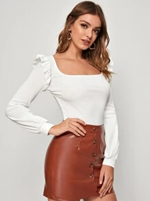 SHEIN 方形領荷葉邊素色t恤 - 白色 - 查看 3