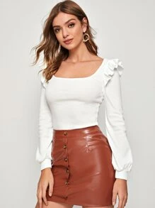 SHEIN 方形領荷葉邊素色t恤 - 白色 - 查看 4