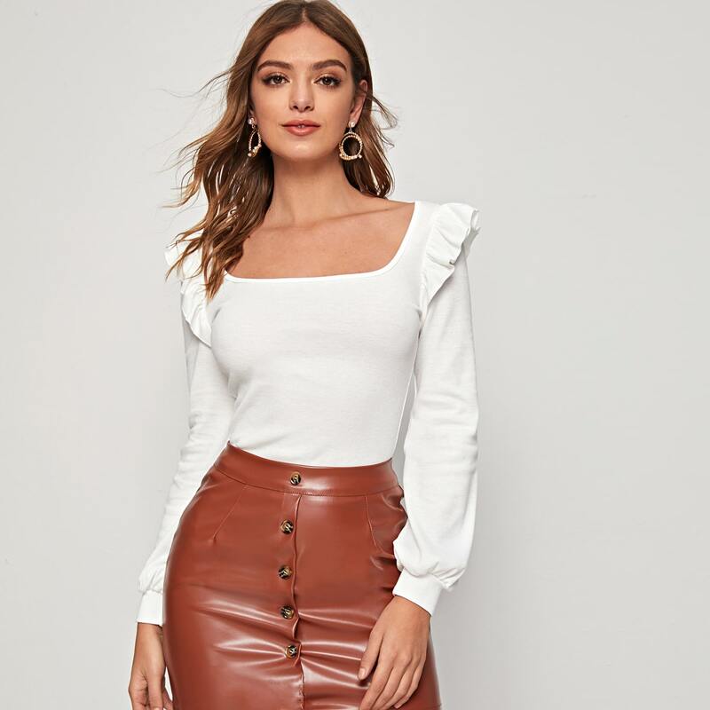 

Square Neck Ruffle Trim Solid Tee, White