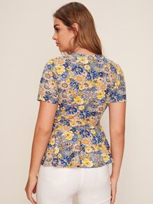 Amorya Floral Print Short Sleeve Peplum Top - Multicolor - View 2