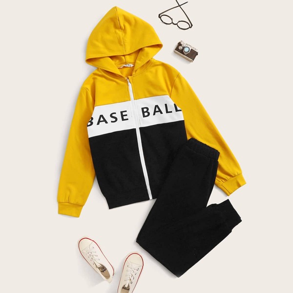 

Boys Slogan Graphic Zip Up Hoodie and Joggers Set, Multicolor