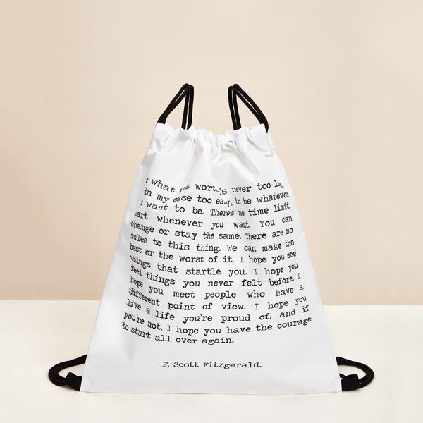 

Letter Graphic Backpack With Drawstring, White