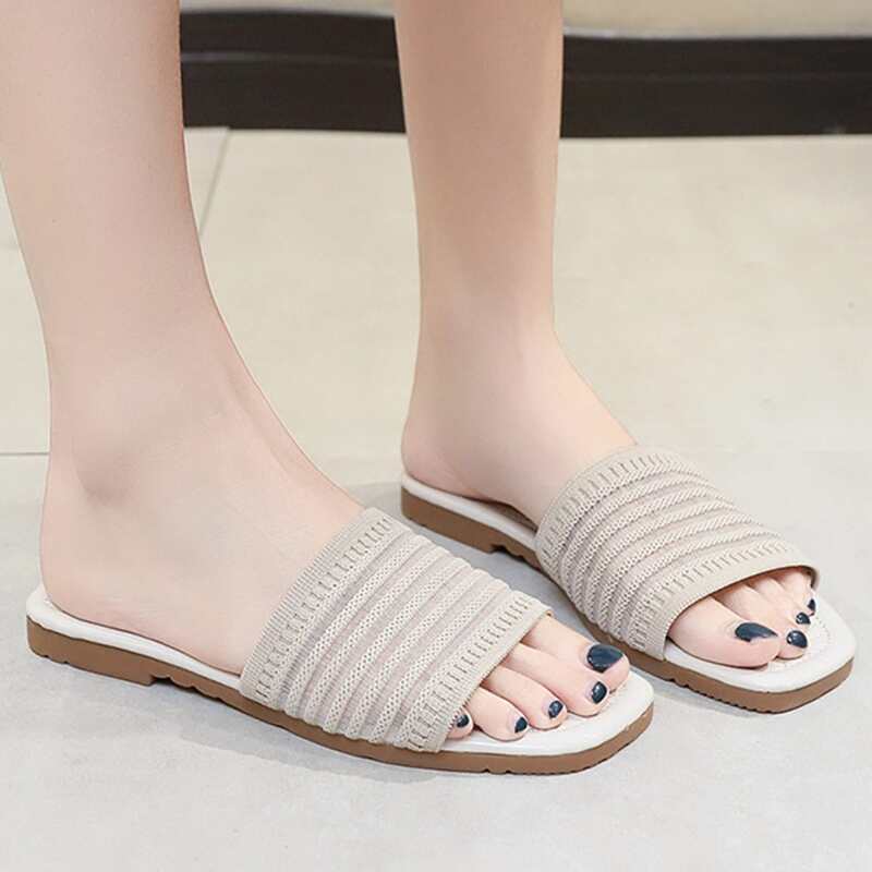 

Striped Open Toe Sliders, Beige