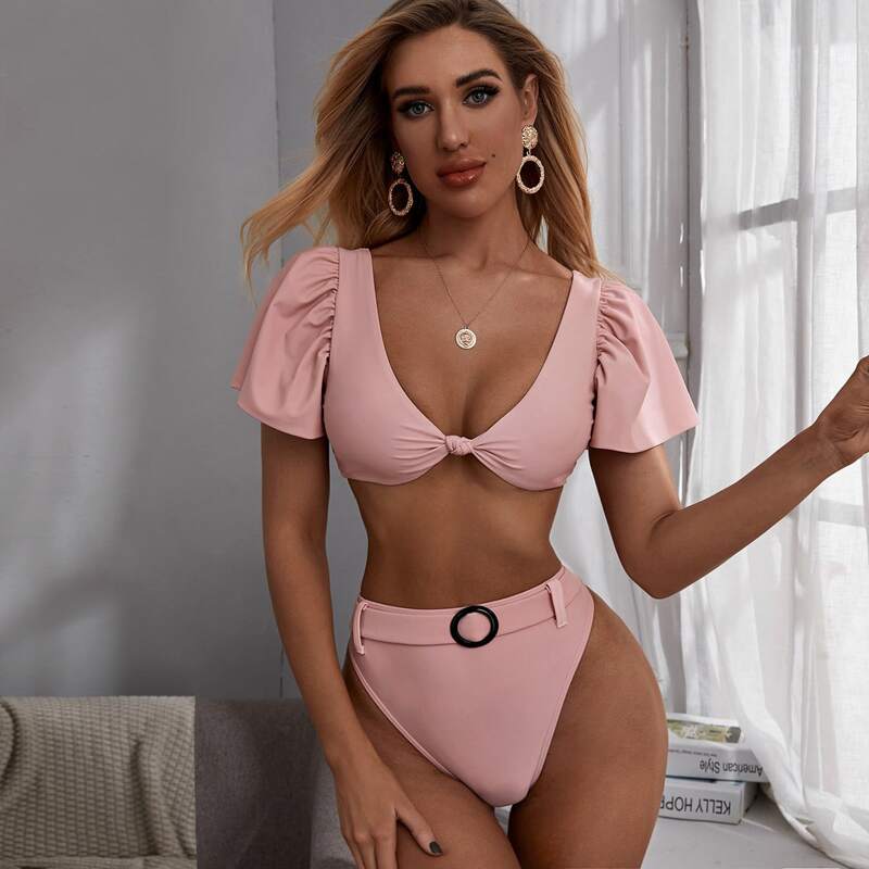 

Short Sleeve Belted High Waisted Bikini Swimsuit, Pink