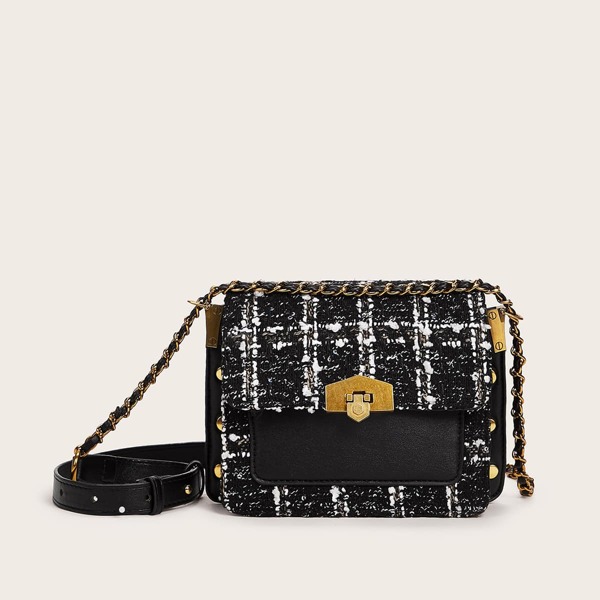 

Твидовая сумка через плечо с металлическим замком, Чёрный