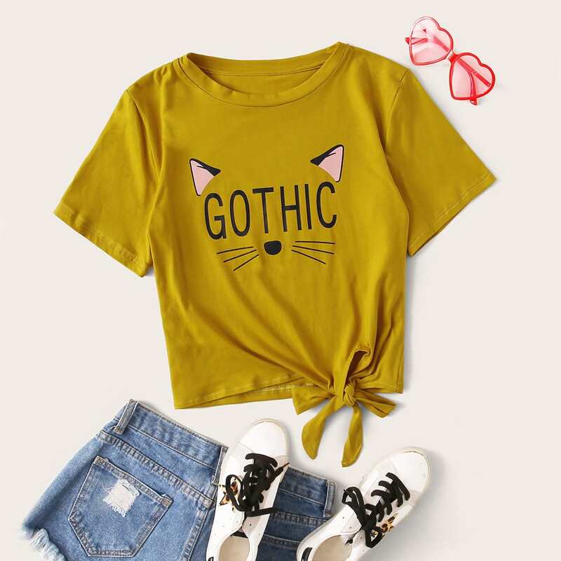 

Cat & Letter Graphic Knotted Front Tee, Yellow