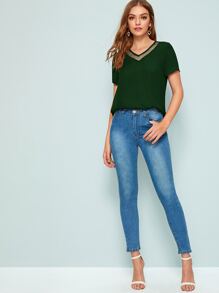SHEIN LUNE Mesh Insert Solid Top - Dark Green - View 5