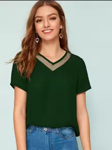 SHEIN LUNE Mesh Insert Solid Top - Dark Green - View 1