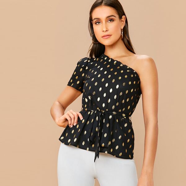 

One Shoulder Frill Trim Gold Dot Belted Top, Black