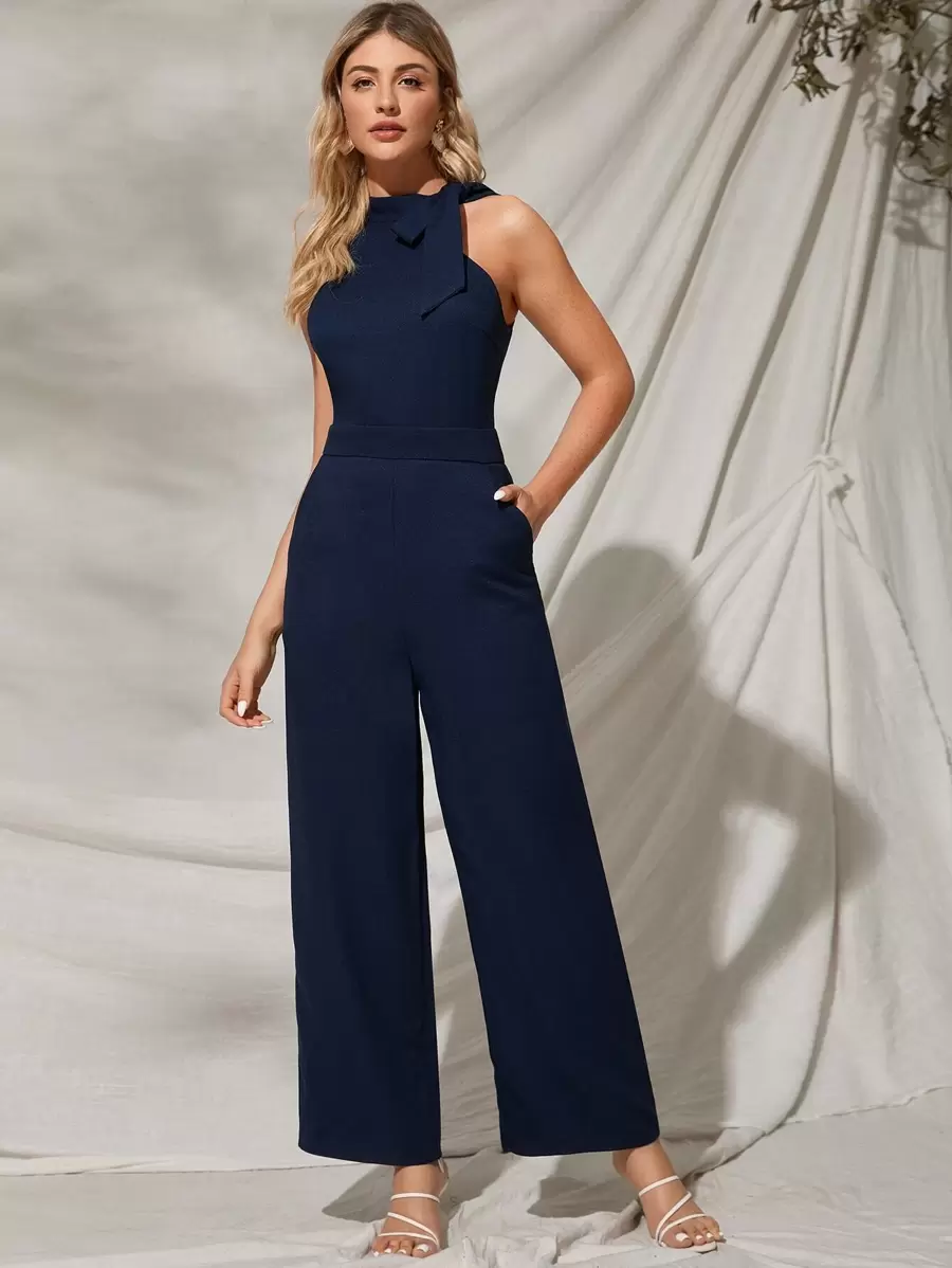 SHEIN Frenchy Tie Neck Pocket Detail Sleeveless Jumpsuit Summer Elegant - Navy Blue - View 1