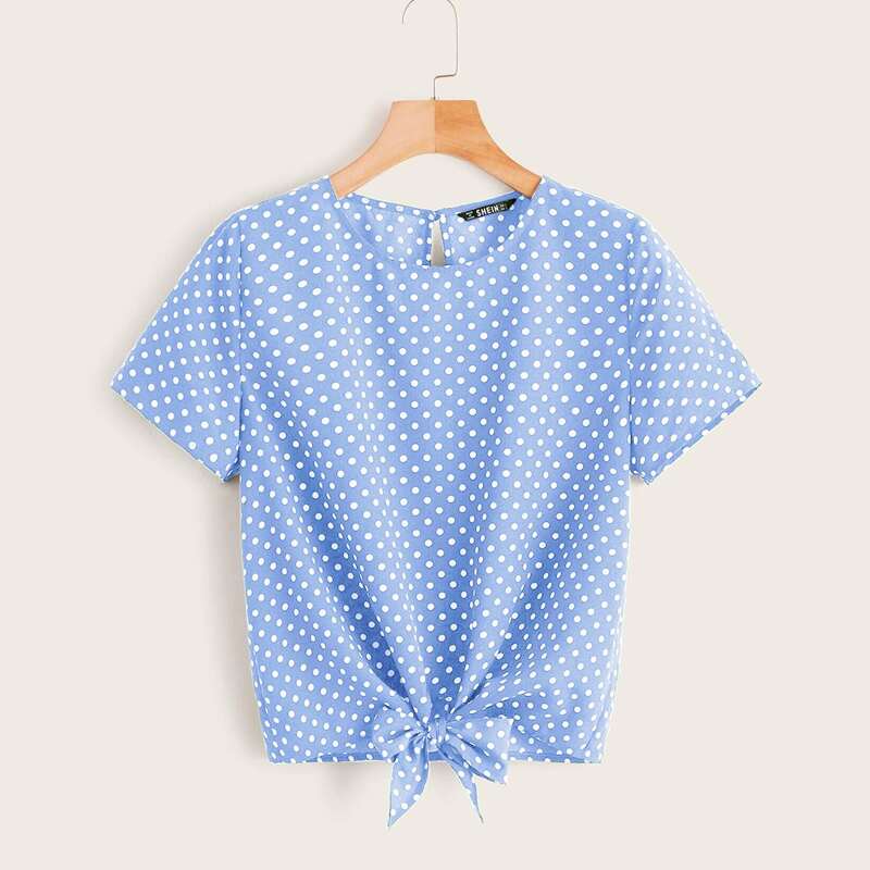

Polka Dot Knotted Self-Tie Top, Blue