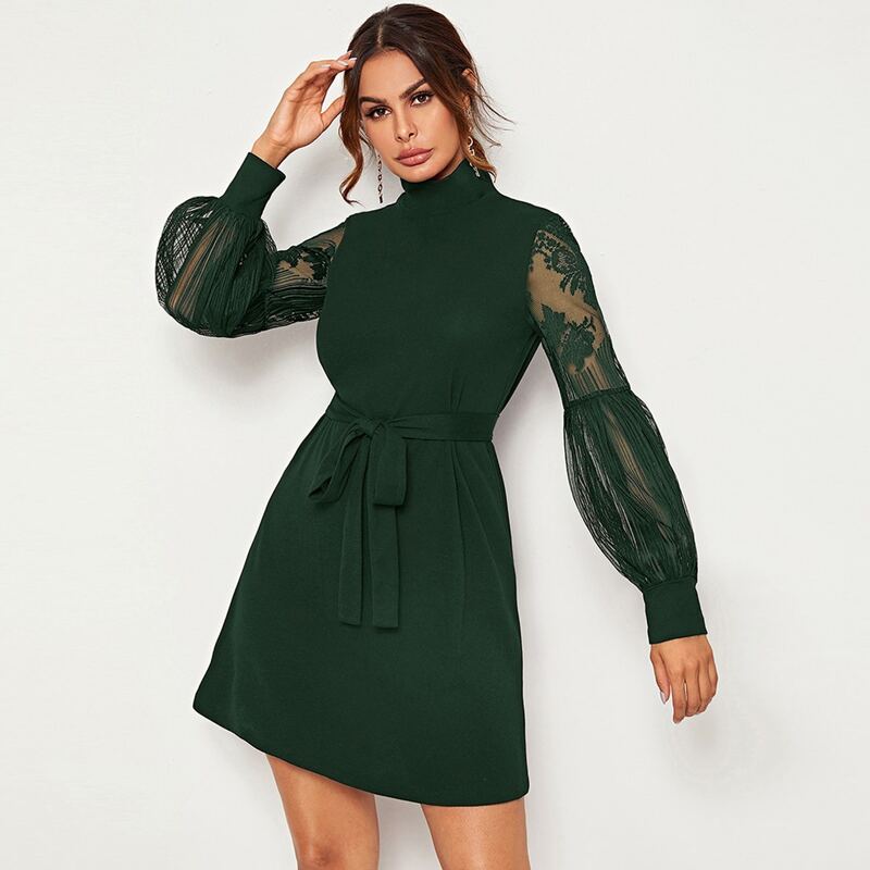 

High Neck Lace Lantern Sleeve Self Belted Dress, Green