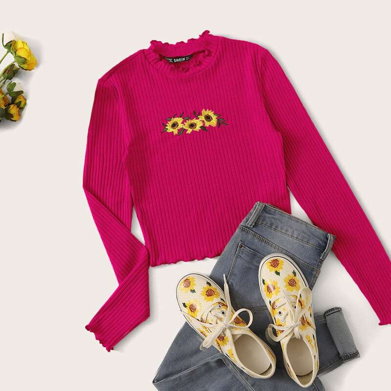 

Lettuce Trim Floral Embroidery Rib-knit Top, Pink bright