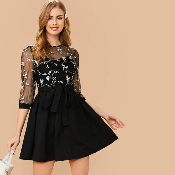 

Floral Embroidered Mesh Bodice Belted Dress, Black