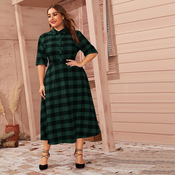 

Plus Buttoned Front Tassel Trim Buffalo Plaid Shirt Dress, Green