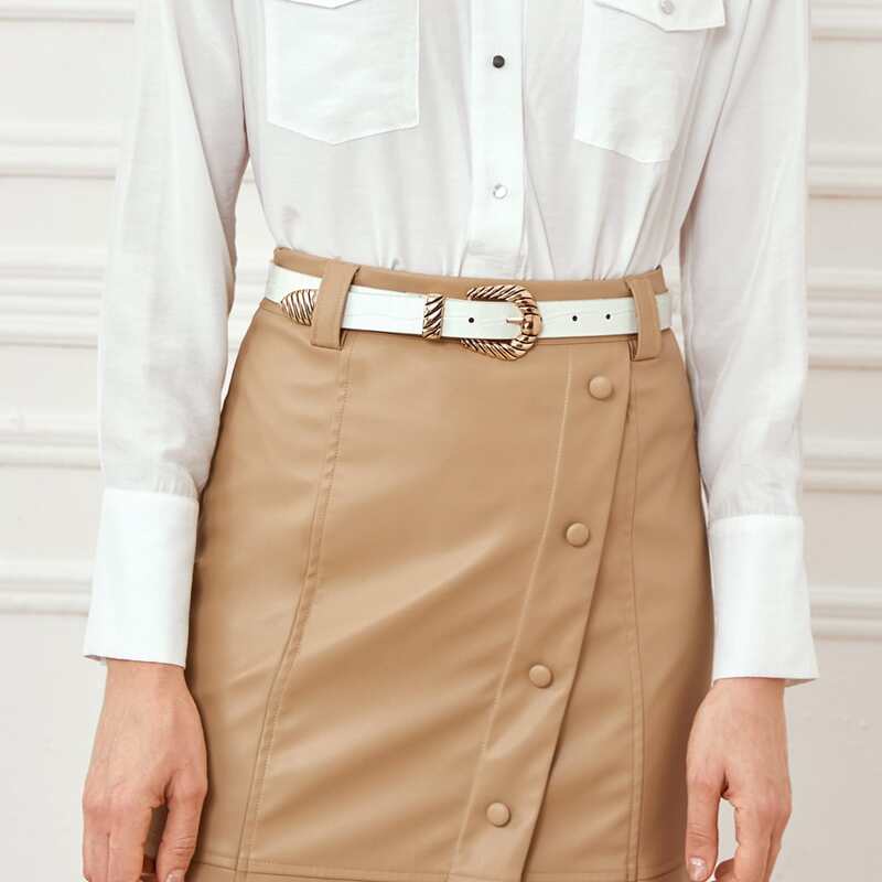 

Textured Metal Buckle Croc Embossed Belt, White