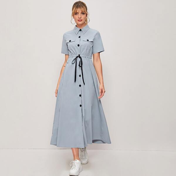 

Double Pocket Drawstring Shirt Dress, Blue