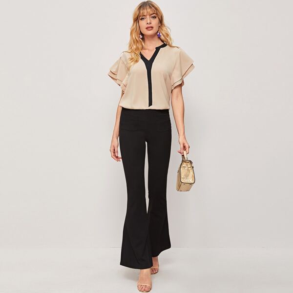 

Contrast Trim Flounce Sleeve Blouse, Beige