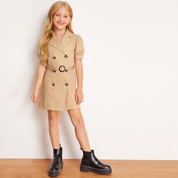 

Girls Buckle Belted Double Button Dress, Khaki