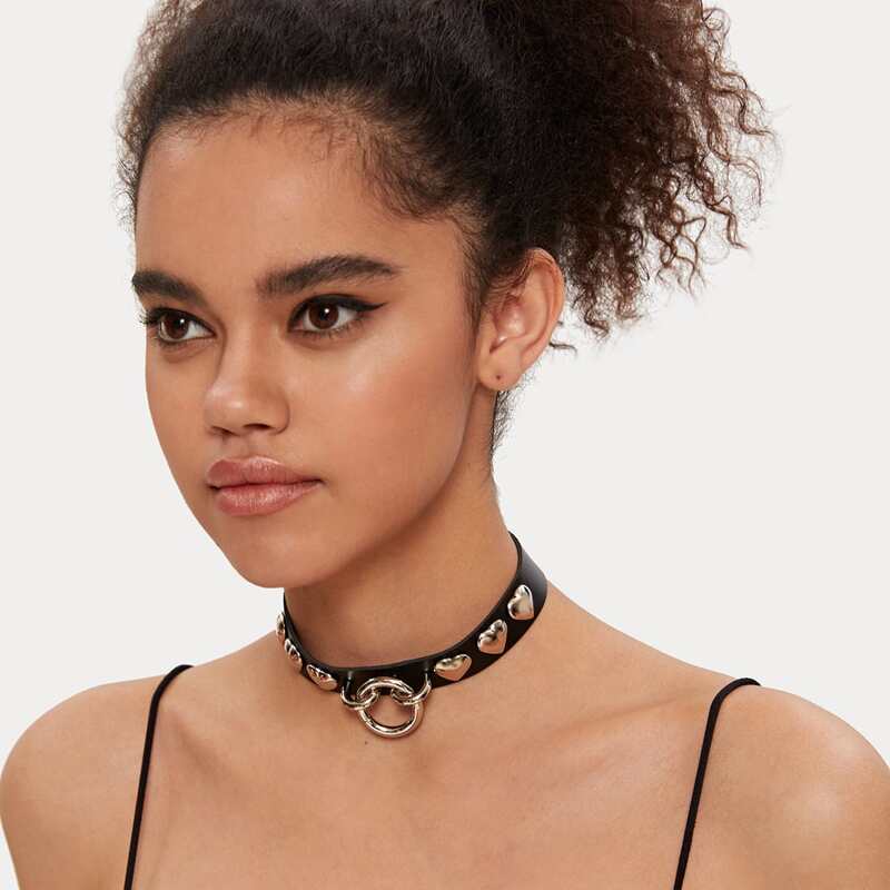 

1pc Ring & Heart Decor PU Choker, Black
