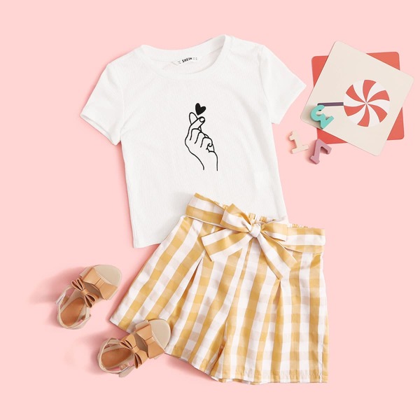 

Girls Hand & Heart Print Tee & Gingham Belted Shorts Set, Multicolor