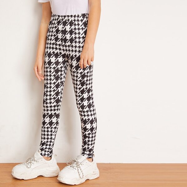 

Girls High Waist Houndstooth Leggings, Black and white