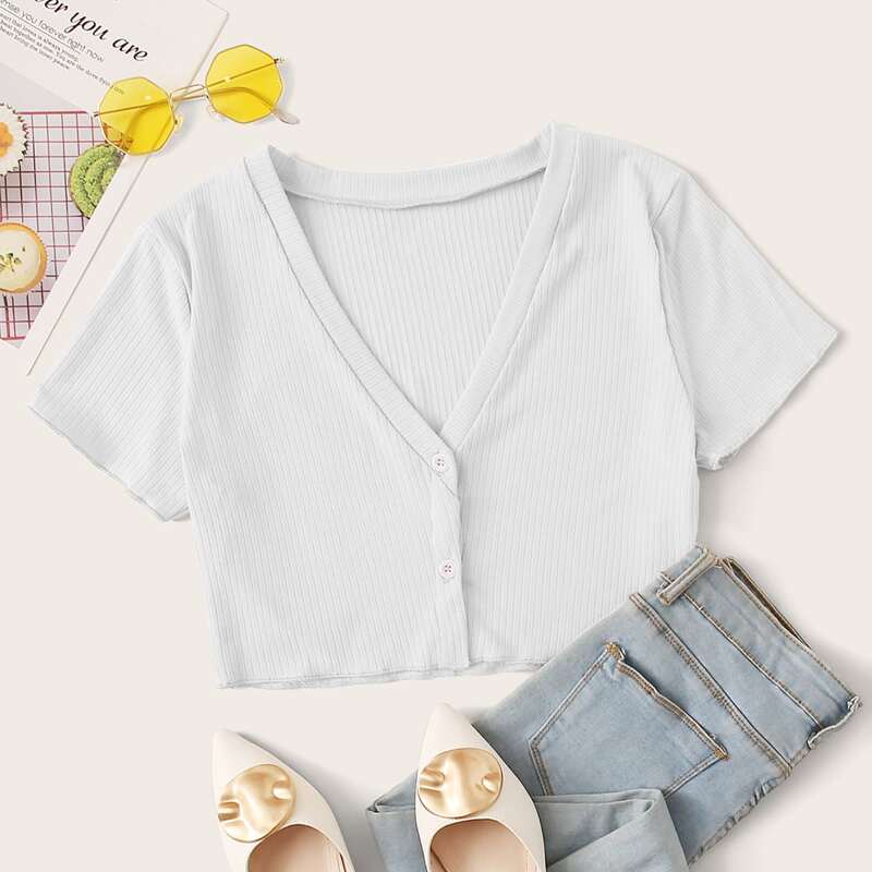 

Button-Front Ribbed Crop Top, White
