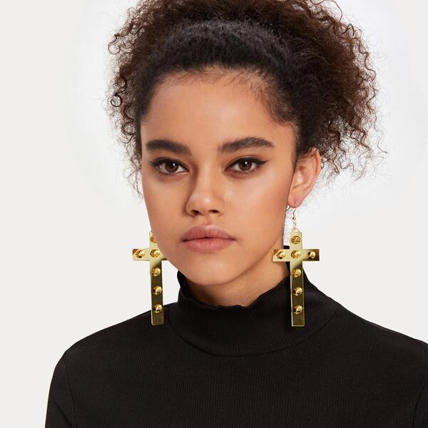 

1pair Rivet Decor Cross Drop Earrings, Gold