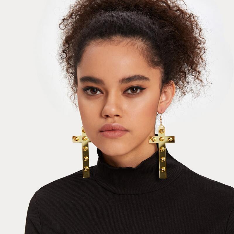 

1pair Rivet Decor Cross Drop Earrings, Gold