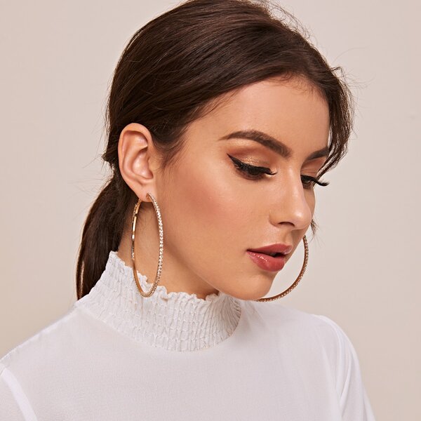 

1pair Rhinestone Engraved Hoop Earrings, Gold