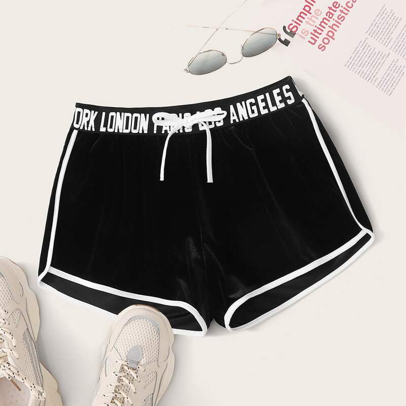 

Letter Tape Contrast Binding Velvet Track Shorts, Black
