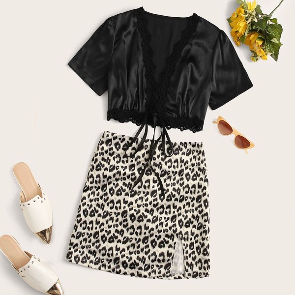 

Contrast Lace Knotted Satin Blouse & Leopard Print Split Skirt, Black and white