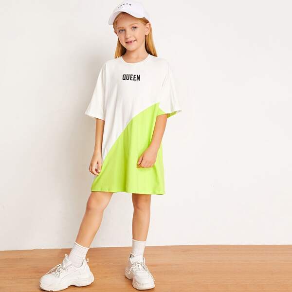 

Girls Letter Graphic Color Block Tee Dress, Multicolor