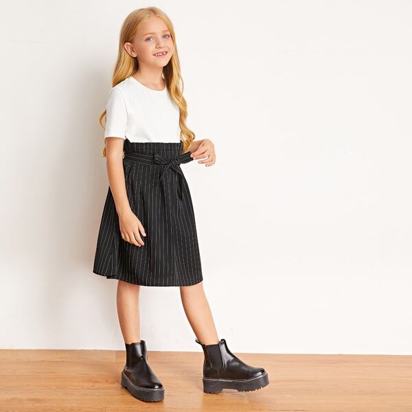 

Girls Belted Color Block Striped 2 In 1 Dress, Black and white