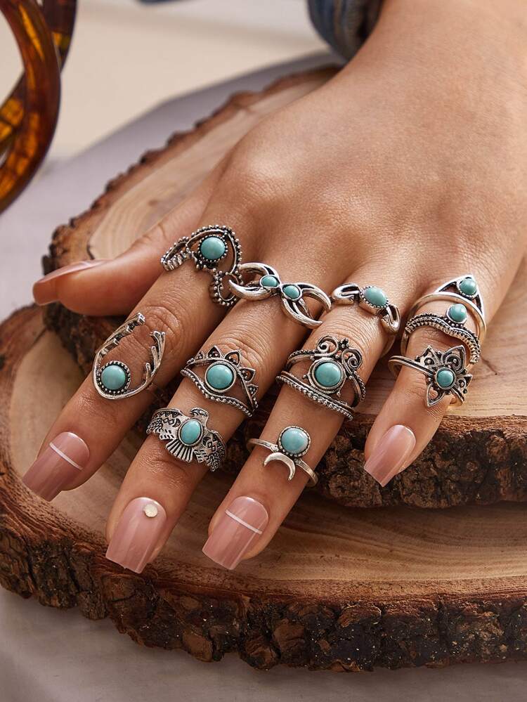 11pcs Turquoise Decor Vintage Ring